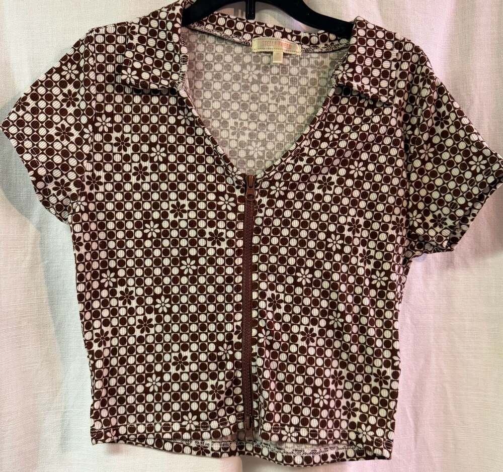 Med Stella Tweed Retro Crop Top Brown & White Geometric Floral Print  Zip front